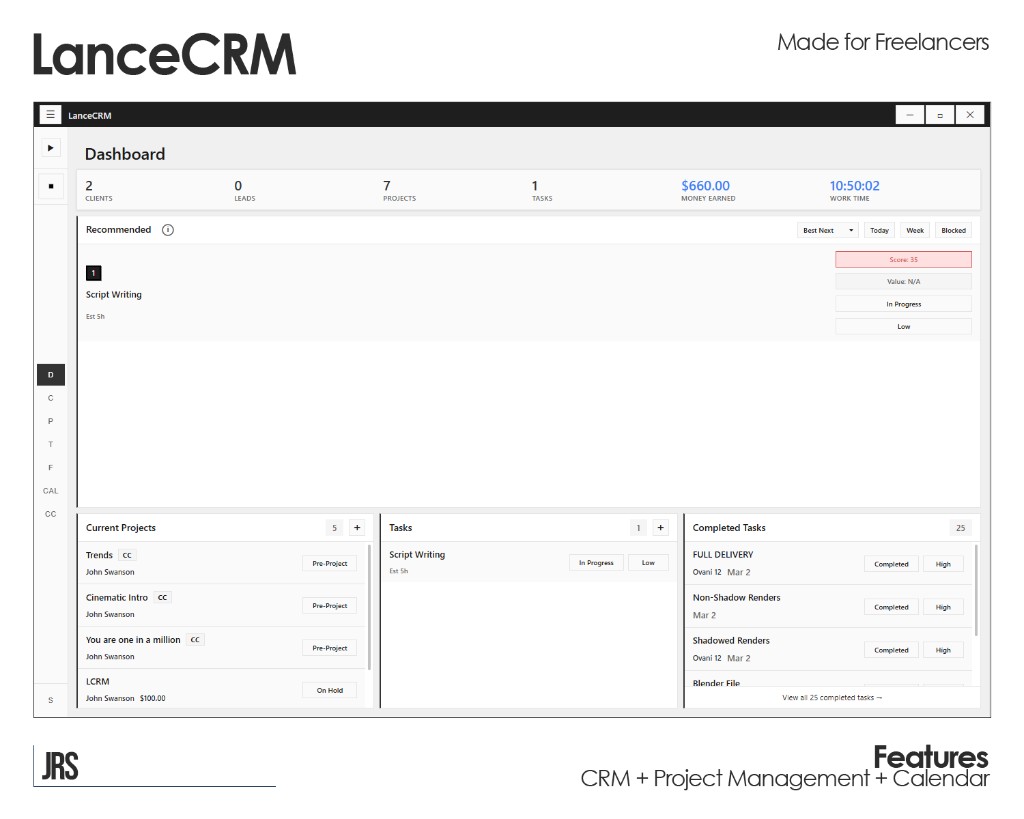 LanceCRM — freelancer CRM and project dashboard UI mockup