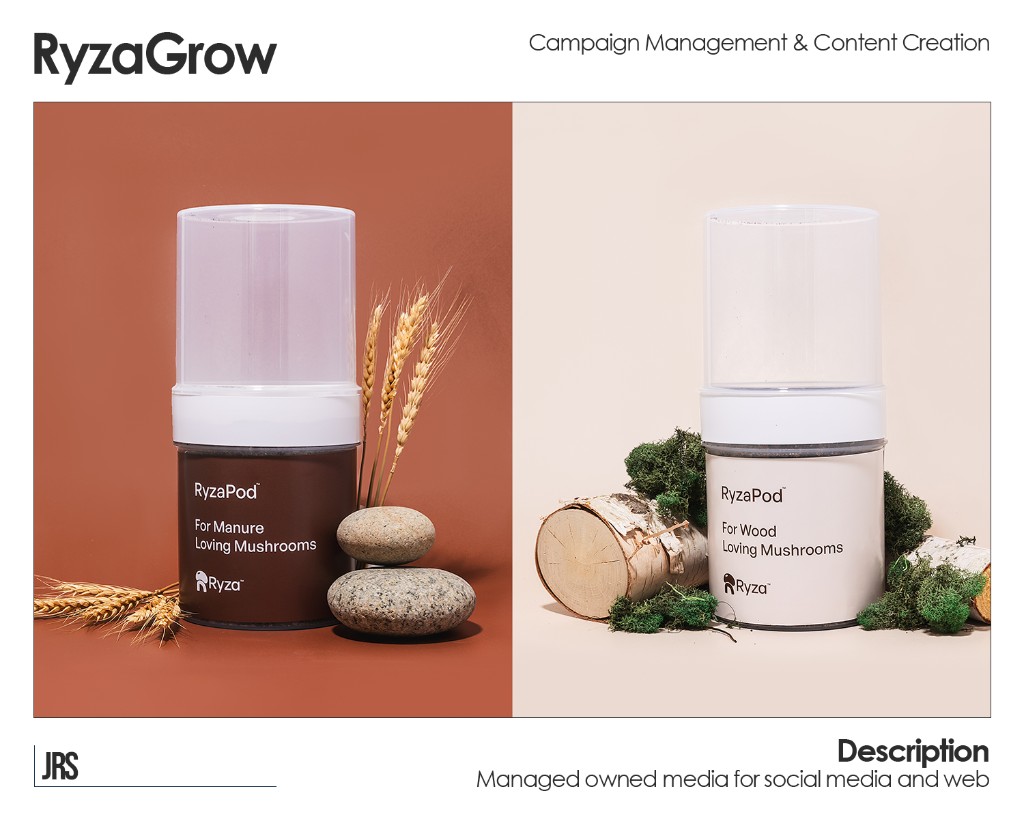 RyzaGrow campaign — split product panels with terracotta and cream backgrounds, JRS portfolio frame