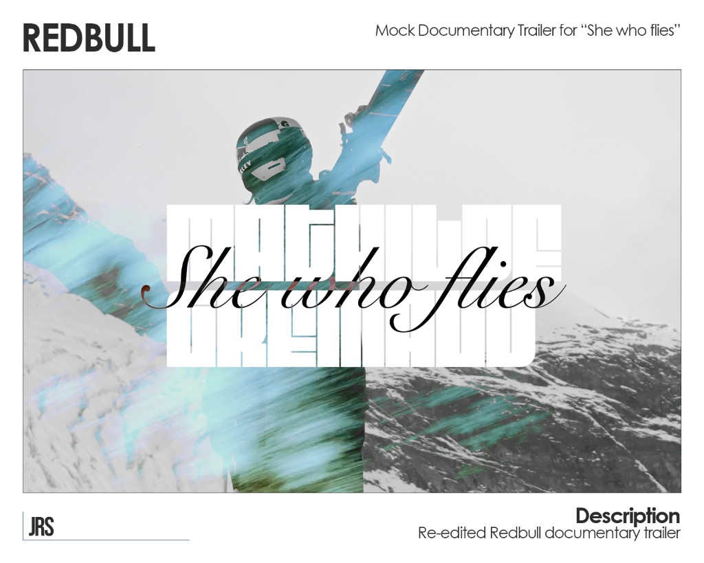 She Who Flies — mock documentary trailer graphic with script title and mountain imagery