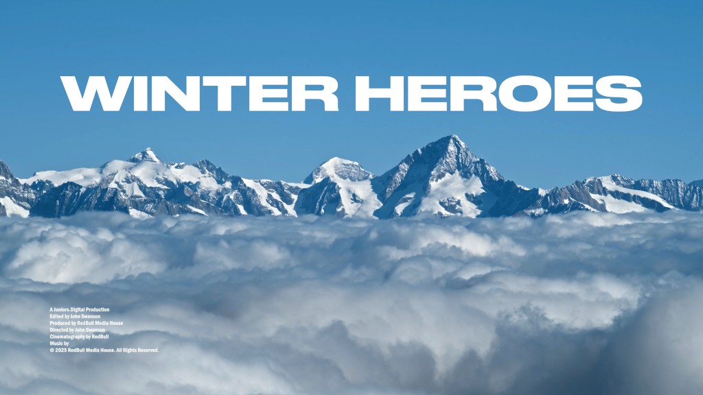 Winter Heroes — title treatment over snow-capped peaks above a cloud layer, Juniors Digital production
